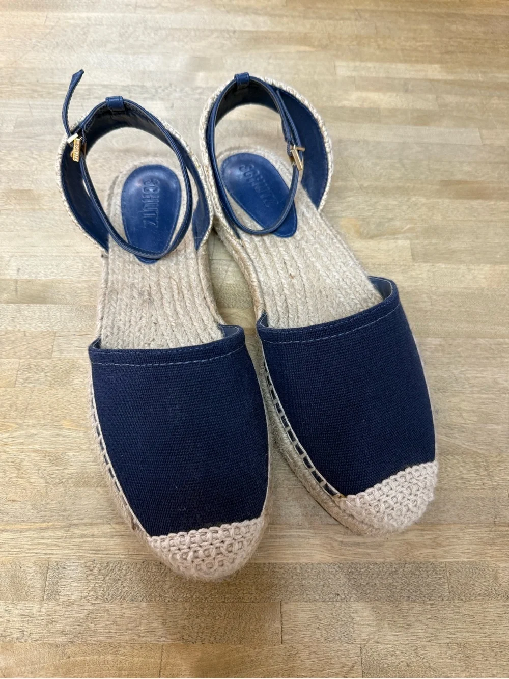 SCHUTZ Greeca Navy Canvas Espadrille Ankle-Strap Flats Sz 10